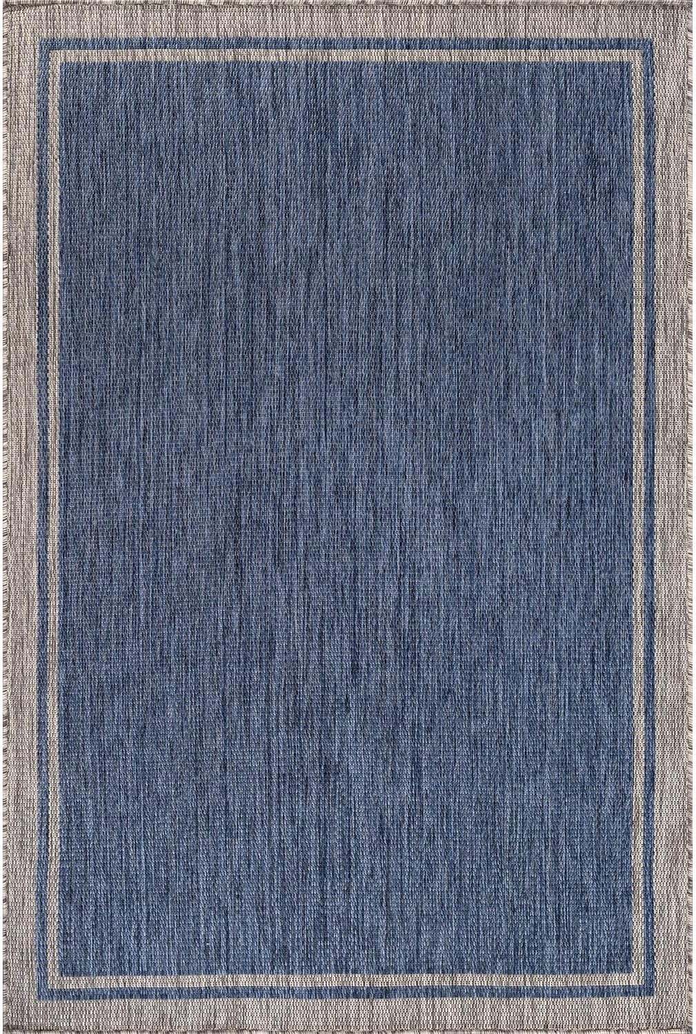 CAMILSON Outdoor Rug, 9x12 Bordered Navy Blue Gray Modern Large Area Rugs for Indoor and Outdoor Patios, Porches Waterproof Washable Porch Deck Outside Carpet (Bordered Navy, 9 x 12)