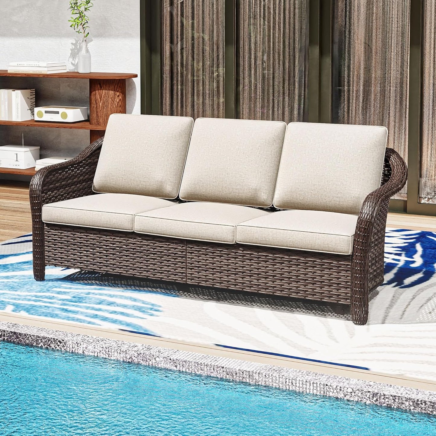 78" Wicker 3-seat Sofa, Outdoor Conversation Furniture, All-Weather Rattan Couch, Steel Frame Couch with Cushions for Garden, Poolside, Porch (Beige)
