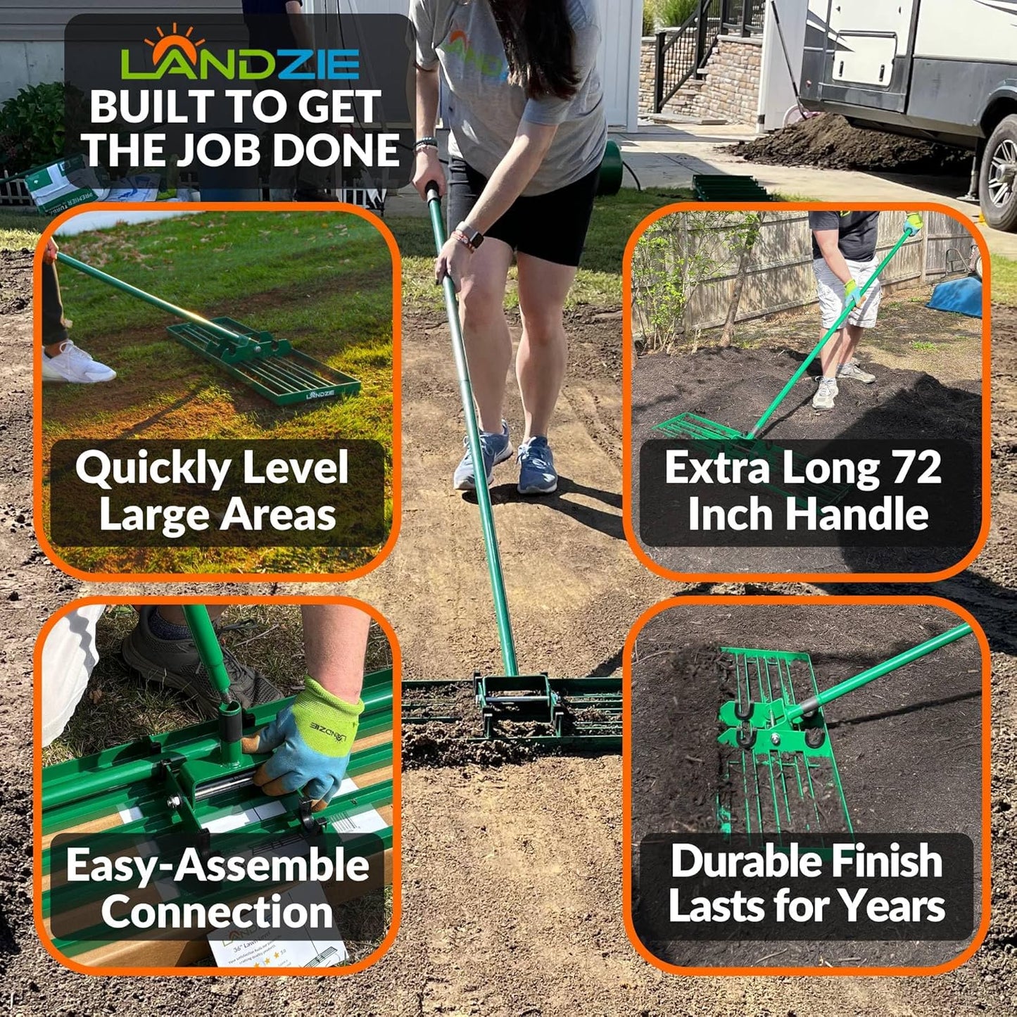 LANDZIE - The Original Lawn Leveling Rake – 24" Steel Handle Yard Leveler, Lawn Level Tool for Creating a Flat Surface - Works for Soil, Dirt, Topdressing, and Ground