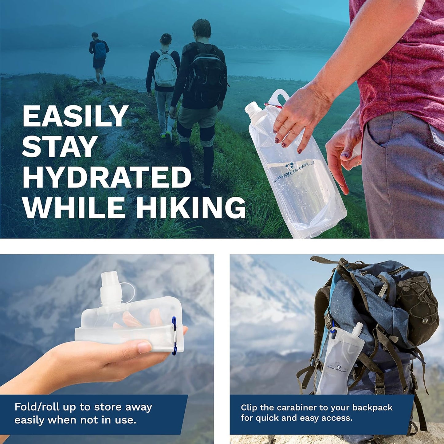 Survivor Filter Collapsible Water Bottles, Canteens (32oz) 2 Pack (2L Total) - Durable Carabiners and Handles. Squeeze Water through a Filter or Use as Water Bottles