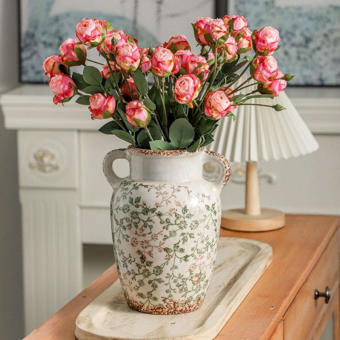 Enra Farmhouse Vintage vase with Handle,9.4 in Ceramic Chinoiserie Floral Vase,Green and Beige Decorative Flower vase,Large Rustic Vases for Home Decors, Living Room, Bookshelf, Office