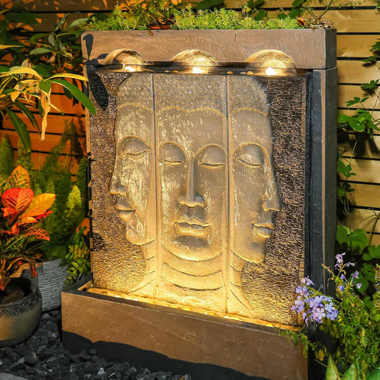 Zen Buddha Wall Fountain - Large Indoor Outdoor Waterfall Water Fountains with Planting Groove, Quiet Meditation Water Feature for Garden Patio Backyard Deck Lawn, 45 inches Tall, Gray