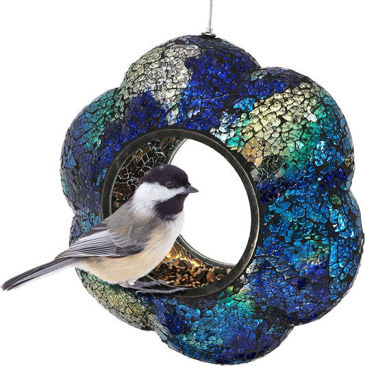 Sunnydaze 10-Inch Glass Mosaic Hanging Bird Feeder for Outdoors - Fly-Through Wild Bird Feeder - Indigo Flower Mosaic