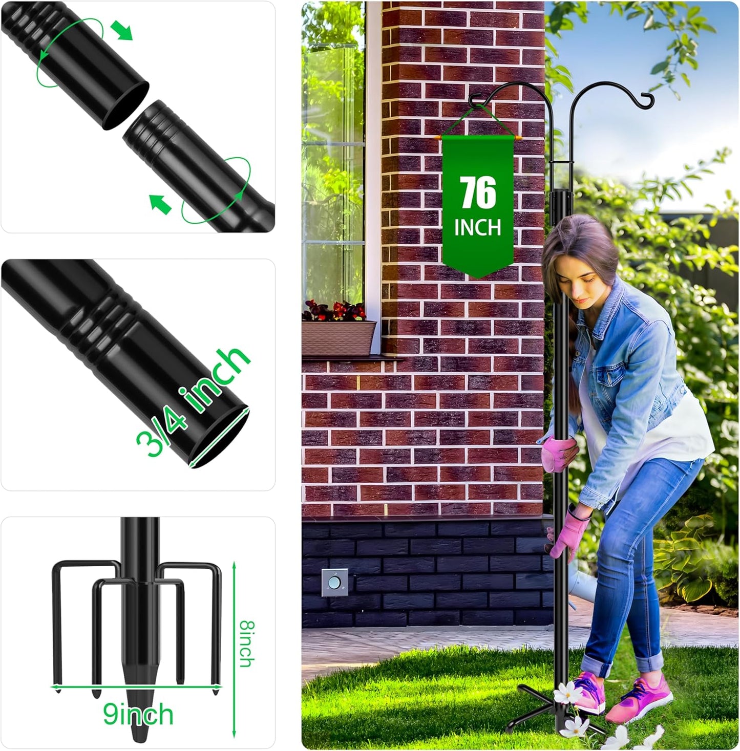 XDW-GIFTS Double Shepherds Hooks for Outdoor, 2-Pack Heavy Duty Garden Pole for Hanging Bird Feeder, Plant Baskets, Solar Light Lanterns, Garden Plant Hanger Stands with 5 Base Prongs