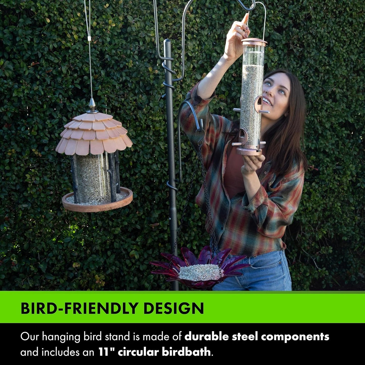 Yard Butler Yard Tree Bird Center - Durable Bird Feeder Holder & Hanging Plant Stand with 3 Hooks & Birdbath Ring - Beautiful Yard Decoration