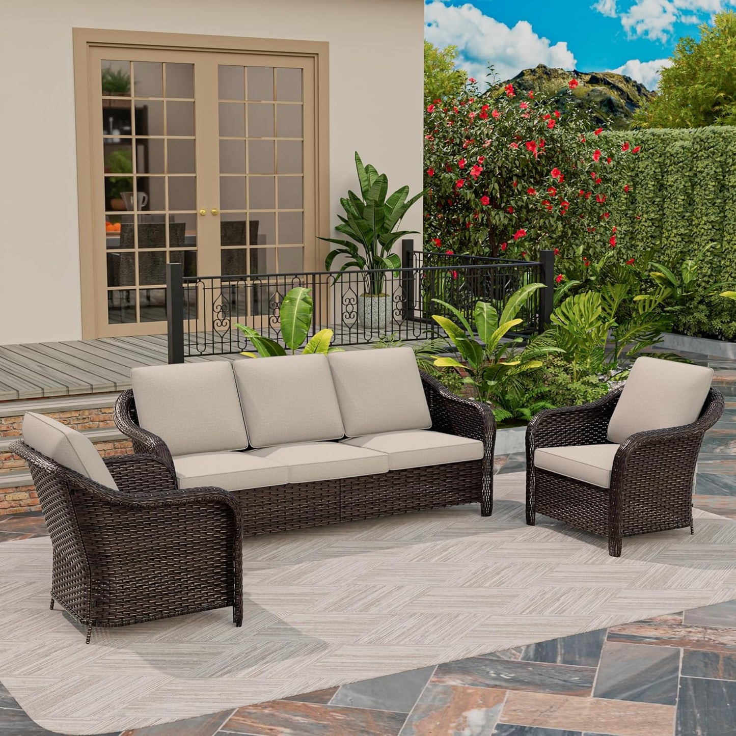 3 Piece Patio Wicker Conversation Set, All-Weather Use Outdoor Wicker Sofa with 2 PE Rattan Chair, Ideal for Porch, Backyard, Balcony, Poolside, Beige