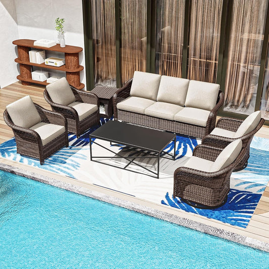 7 Pieces Patio Conversation Set, 78" Wicker 3-Seat Couch with Washable Cushions, 2 Glider Swivel Rocker Chairs, 2 Armchairs, Coffee Table, Rattan Cat Bed End Table, Sofa for Lawn (Beige)