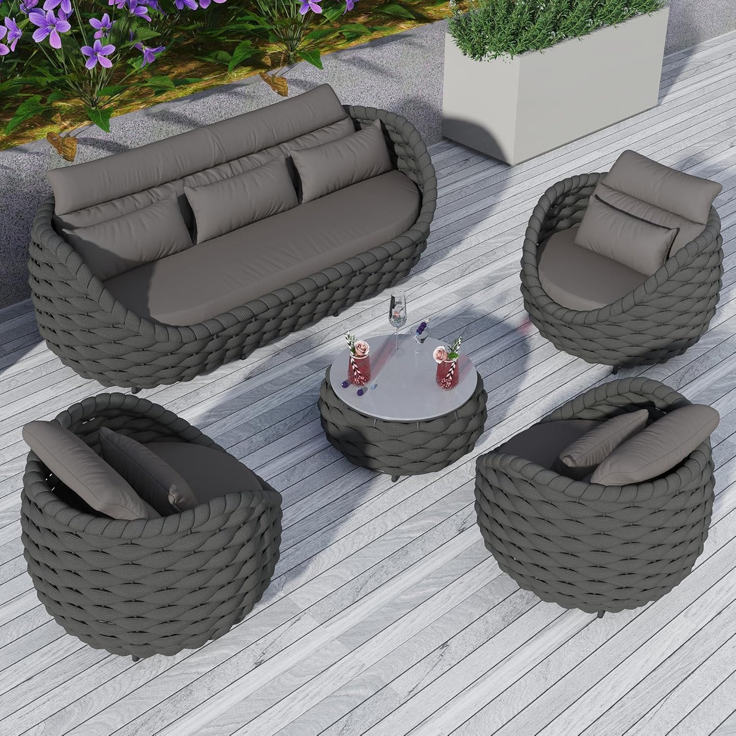 TWT Outdoor Patio Furniture Set, 5 Pieces Aluminum Sectional Sofa, Metal Patio Conversation Set with Threeseat & Armchair, Cushion and Coffee Table, Dark Grey