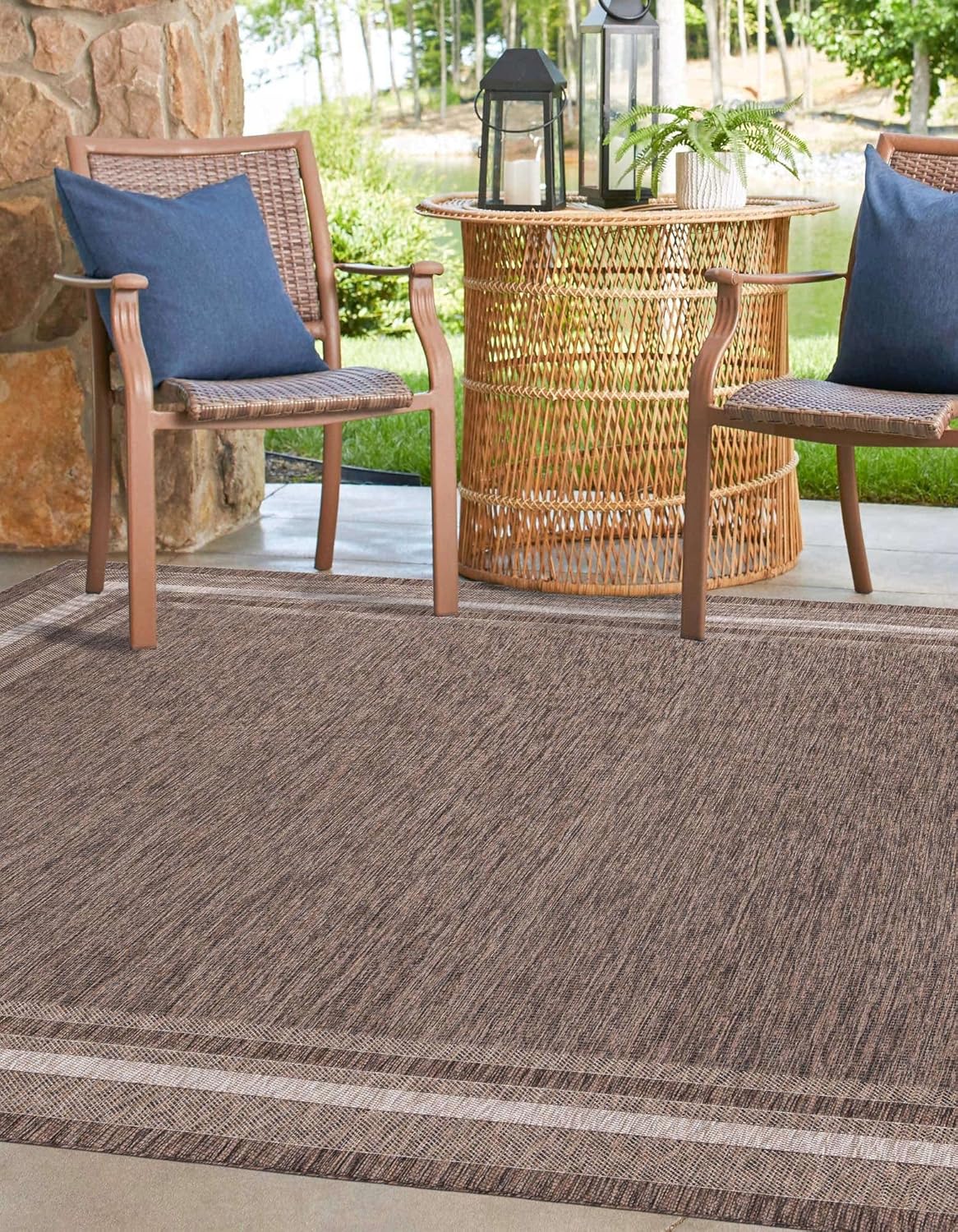 Unique Loom Outdoor Border Collection Area Rug - Soft Border (10' Square Brown/Ivory)