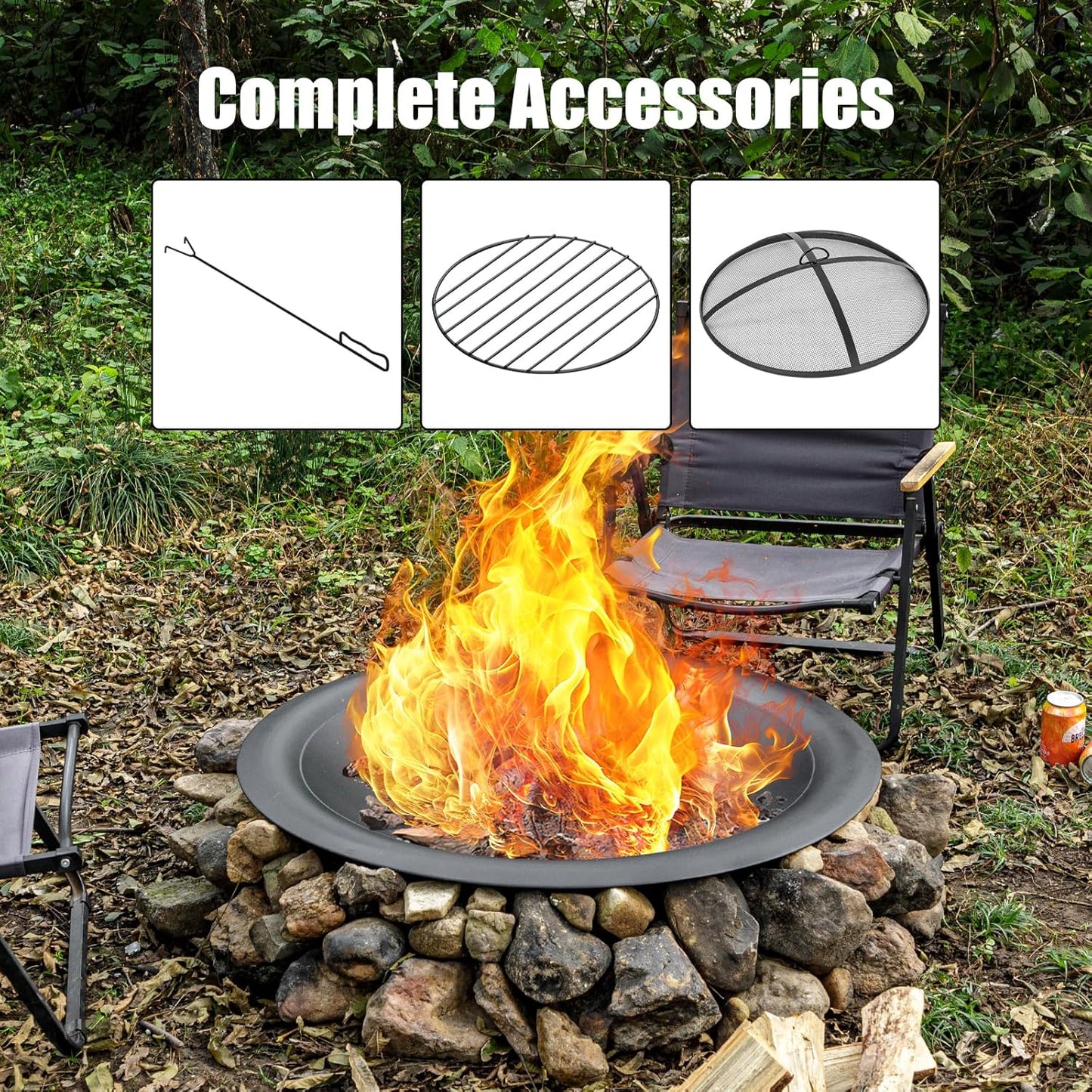 35 inch Steel Fire Pit Bowl for DIY or Replacement Existing Fire Pits, Wood Burning Fire Pit Bowl with Spark Screen &Fire Poker, Fireplace for Backyard, Porch, Deck, Camping, BBQ(Smooth)