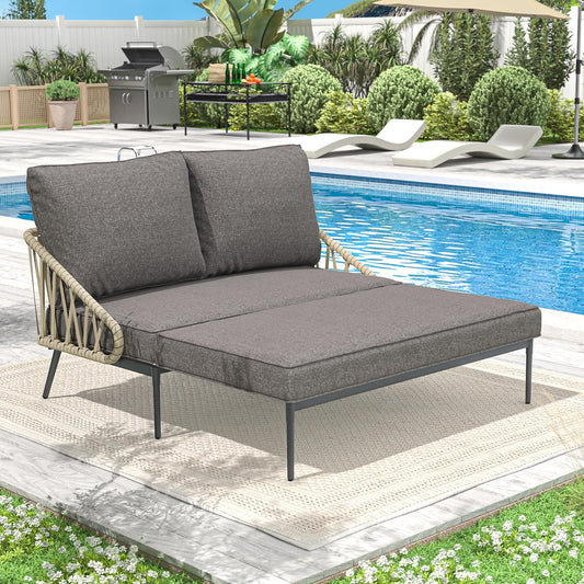 Patio Adjustable Daybed, 2-Person Outdoor Daybed with Cushions and Pillows, Woven Rope Patio Loveseat Garden Adjustable Reclining Chaise Lounge for Lawn, Poolside, Grey