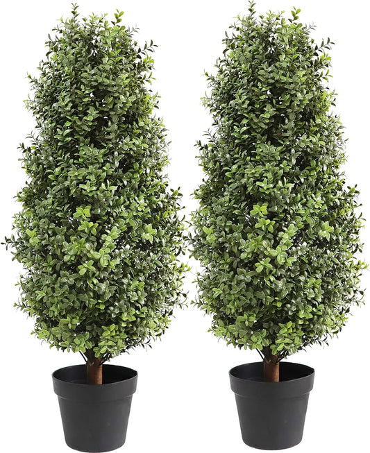 35inch Artificial Topiary Boxwood Tree, Faux Plants Outdoor 2 Packs Fake Bushes Faux Shrub, Artificial Topiary for Outdoors for Home Decor Indoor Front Porch