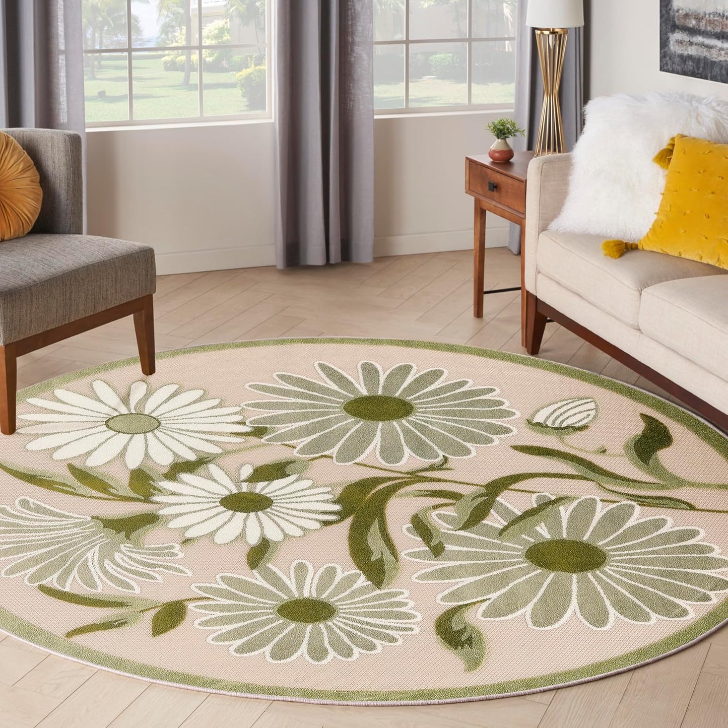 Nourison Home Aloha Indoor/Outdoor Ivory Green 5'3" x Round Area Rug, Easy-Cleaning, Non Shedding, Bed Room, Living Room, Dining Room, Backyard, Patio, Deck (5 Round)