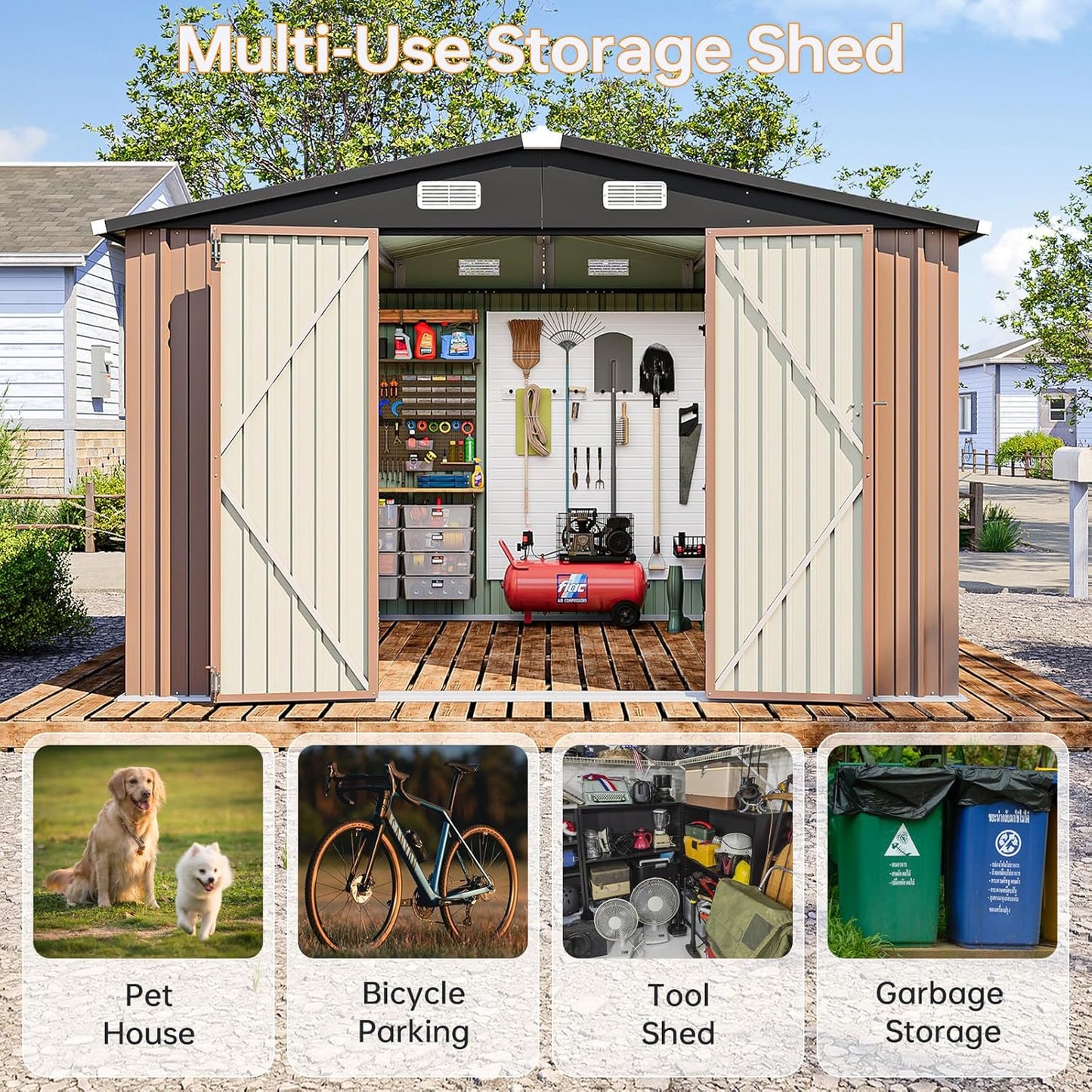 8x10 FT Outdoor Storage Shed, Utility Steel Tool Shed with Lockable Door and Air Vents, Galvanized Metal Shed for Garden Backyard Patio Lawn (8'x10', Brown)