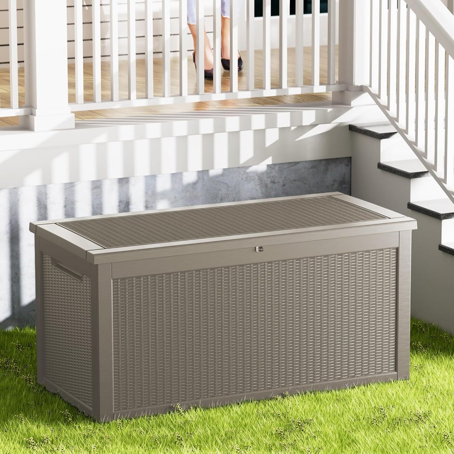 320 Gallon Outdoor Storage Box Waterproof Lockable Resin Deck Box Large, Patio Storage Bin for Pool Accessories Cushion Furniture, Garden Tools, UV-Resistant Outside Delivery Grey