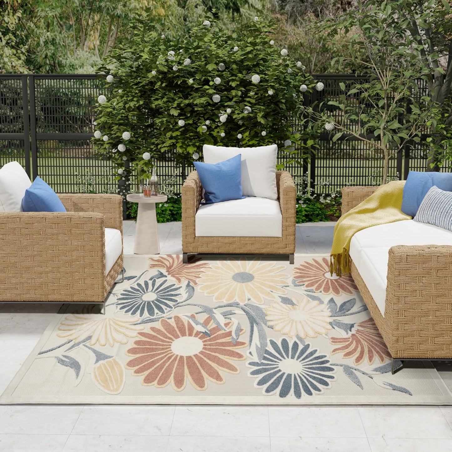 Nourison Aloha Ivory Rose 9' x 12' Area Rug - Easy Clean, Non Shedding, Bed Room, Living Room, Dining Room, Kitchen (9' x 12')