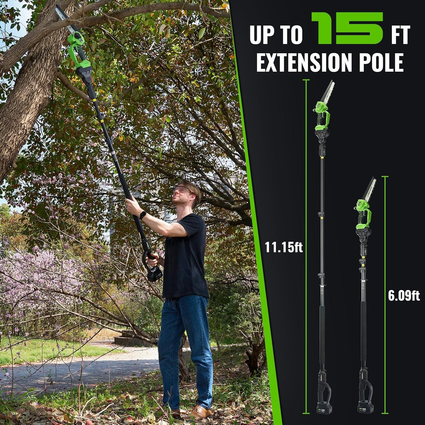 2-in-1 Cordless Pole Saw & Mini Chainsaw 20V 3.0AH 8-Inch 15FT Reach Electric Tree Trimmer Battery Powered Chainsaw with Extension Pole for Tree Trimming Branch Cutting Pruning