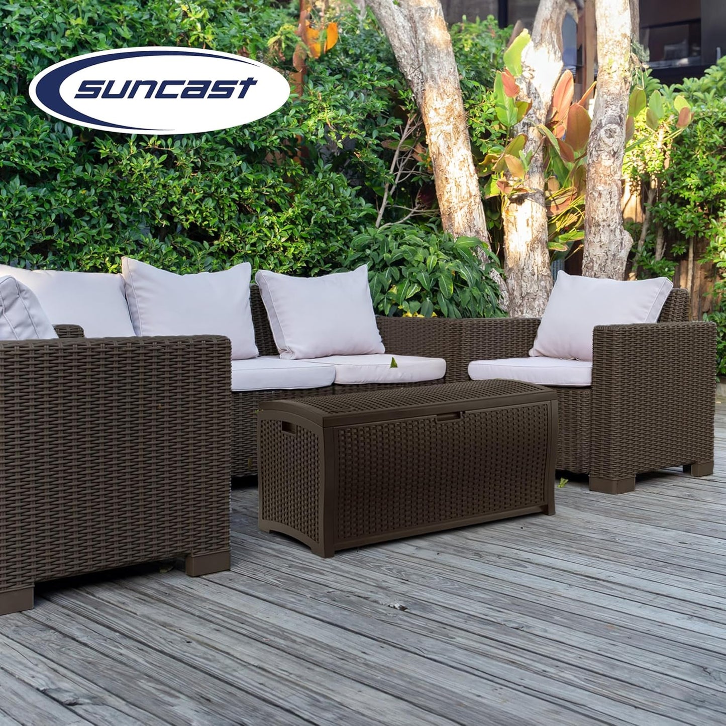 Suncast Outdoor Storage Box - 73 Gallon Mocha Brown Deck Box for Patio, Waterproof Outdoor Storage Bench, Resin Wicker Style, Heavy-Duty, Lockable Lid for Cushions, Shoes, Pool & Garden Gear