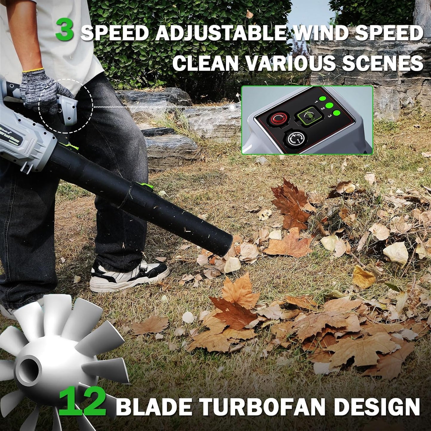 Leaf Blower Cordless,2 x 21V 6.0Ah Battery and Charger, with 680CFM 190MPH Electric Cordless Leaf Blower, 3-Variable Speed & Turbo Mode, Blowers for Lawn Care (5002)-F (Grey)