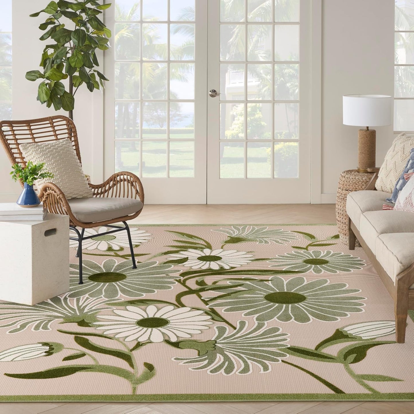 Nourison Home Aloha 9' x 12' Ivory Green Fabric Outdoor Area Rug (9' x 12')