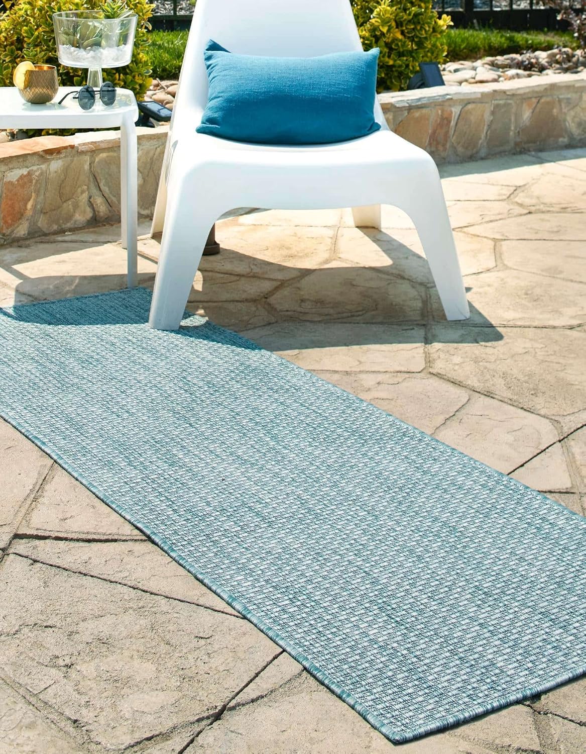 Unique Loom Collection Casual Transitional Solid Heathered Indoor/Outdoor Flatweave Area Rug (2' x 8' Runner, Aquamarine/Ivory)