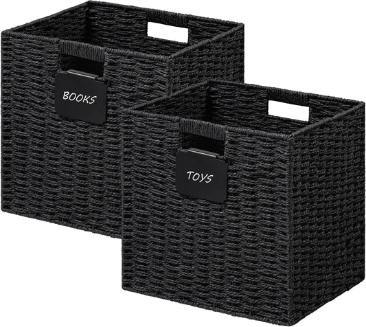 UBBCARE 2 Pack Wicker Basket, 10.5×10.5 Storage Cubes with Label, Foldable Cube Storage Bin with Handle, Square Storage Basket for Shelves, Woven Paper Rope Basket for Organizing, Black