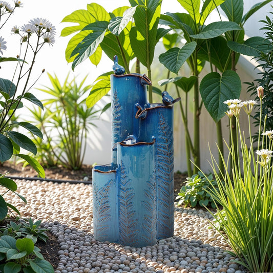 32 Outdoor Water Fountain, Unique Vase Ceramic Fountain withs Lights, 4-Tier Waterfalls with Birds, Tranquil Oasis for Garden Patio Yard Deck Balcony Decor, Tropical Fern, AquavTurquoise
