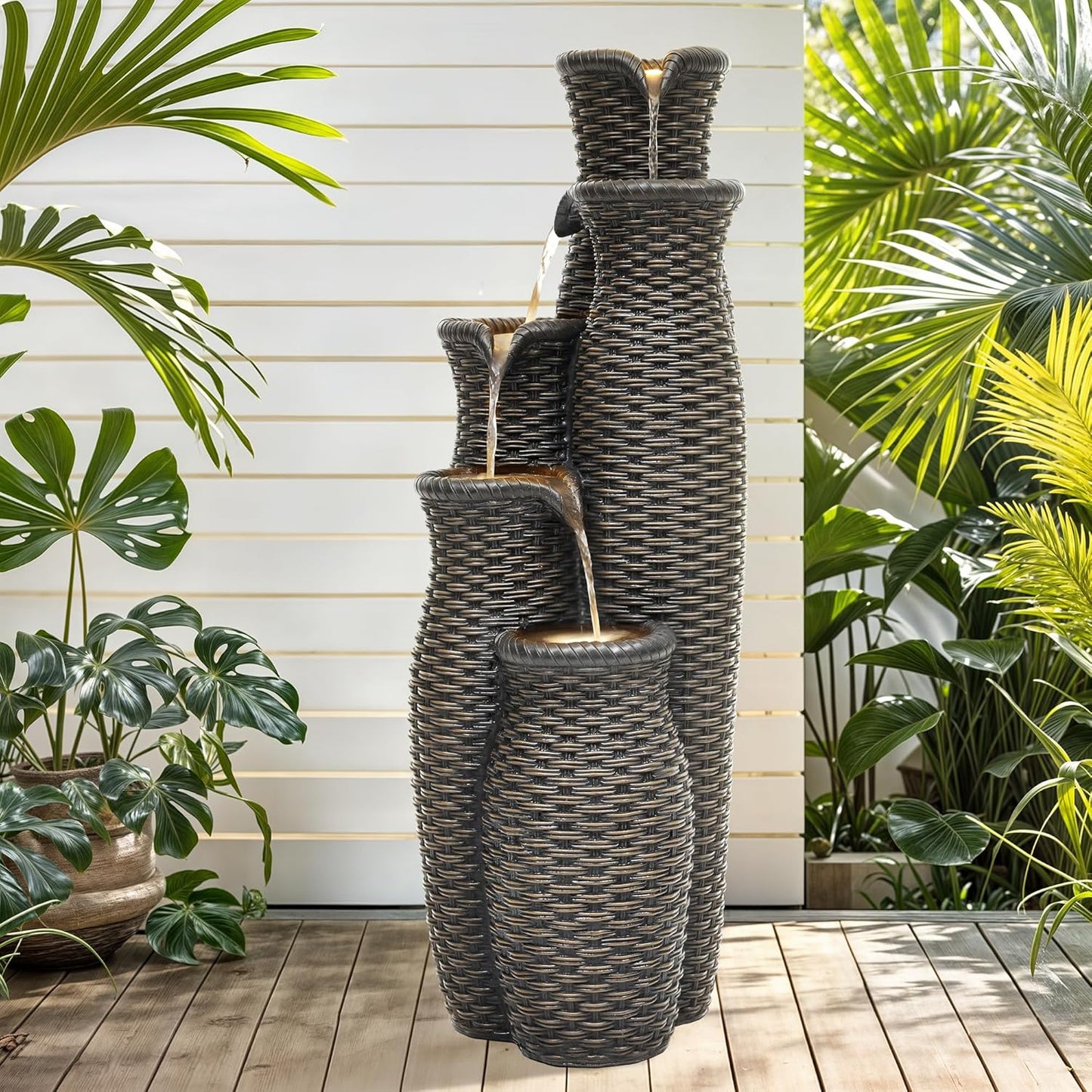 5-Tier Faux Rattan Vase Water Fountain Outdoor with LED Lights, Polyresin Cascading Waterfall Feature, Tranquil Oasis for Garden, Patio, Yard, or Porch