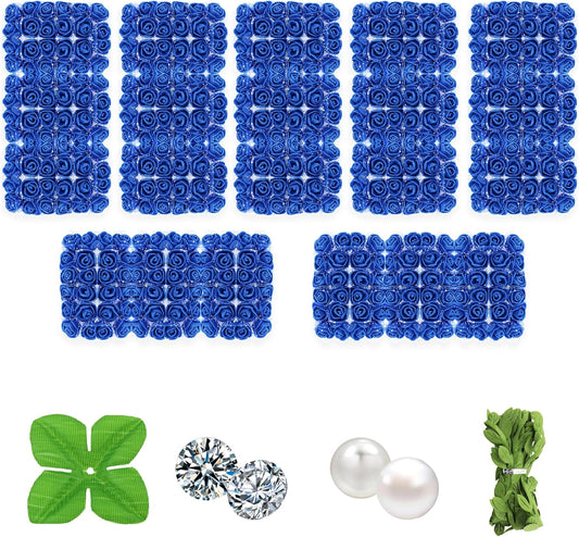 500 Pcs 0.6 Inch Mini Artificial Flowers Head Bulk 5 in 1 Set Faux Foam Fake Small Rose Tiny Baby Flores Bouquet Wreath Gift Hair Clip Home Decoration DIY Craft (Dark Blue)