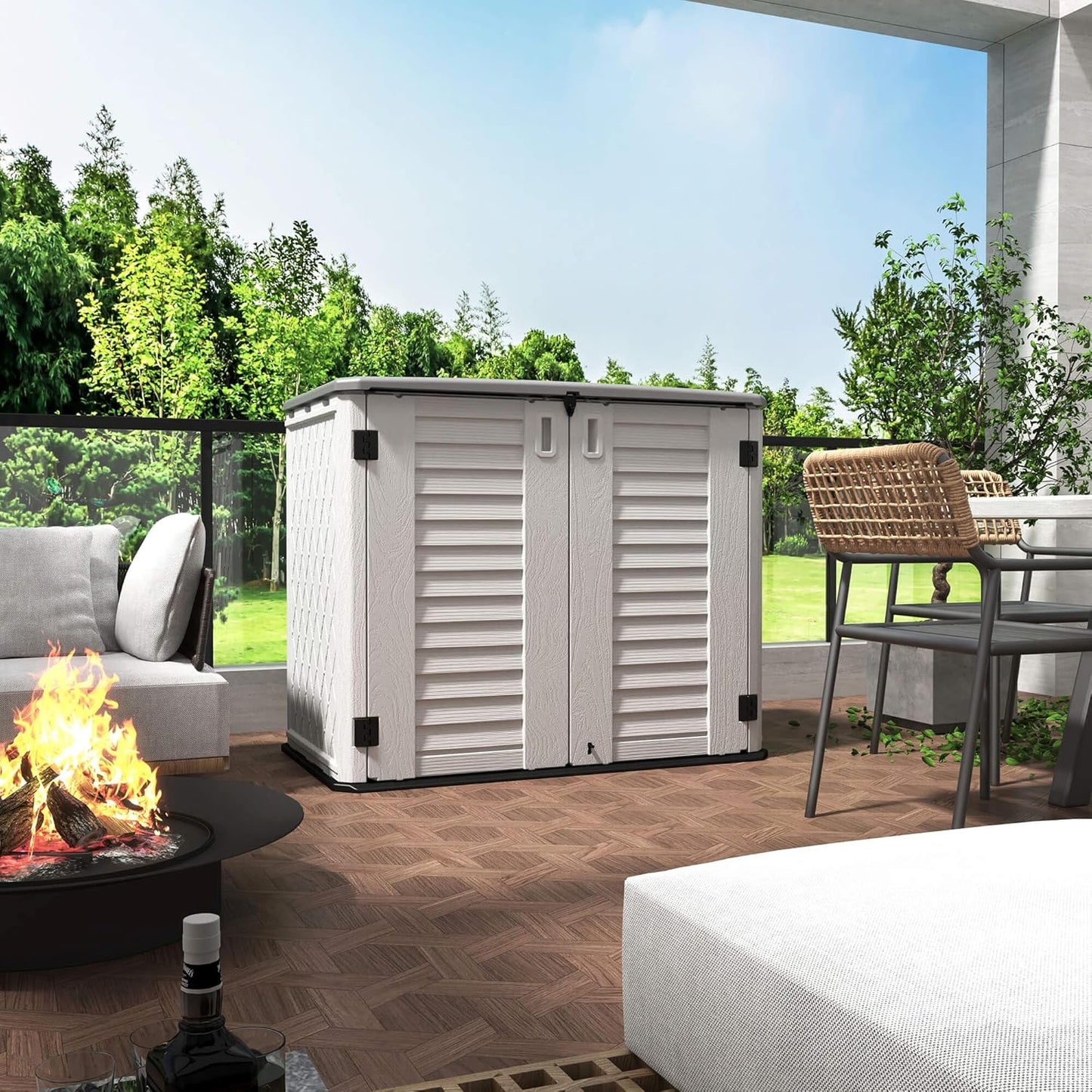 HOMSPARK Storage Shed Weather Resistance, Multi-Purpose Outdoor Storage Cabinet Waterproof, Outdoor Storage Cabinet for Bike, Garbage Cans, Lawnmower, Garden Accessories (off white, Standard-26 cu ft)