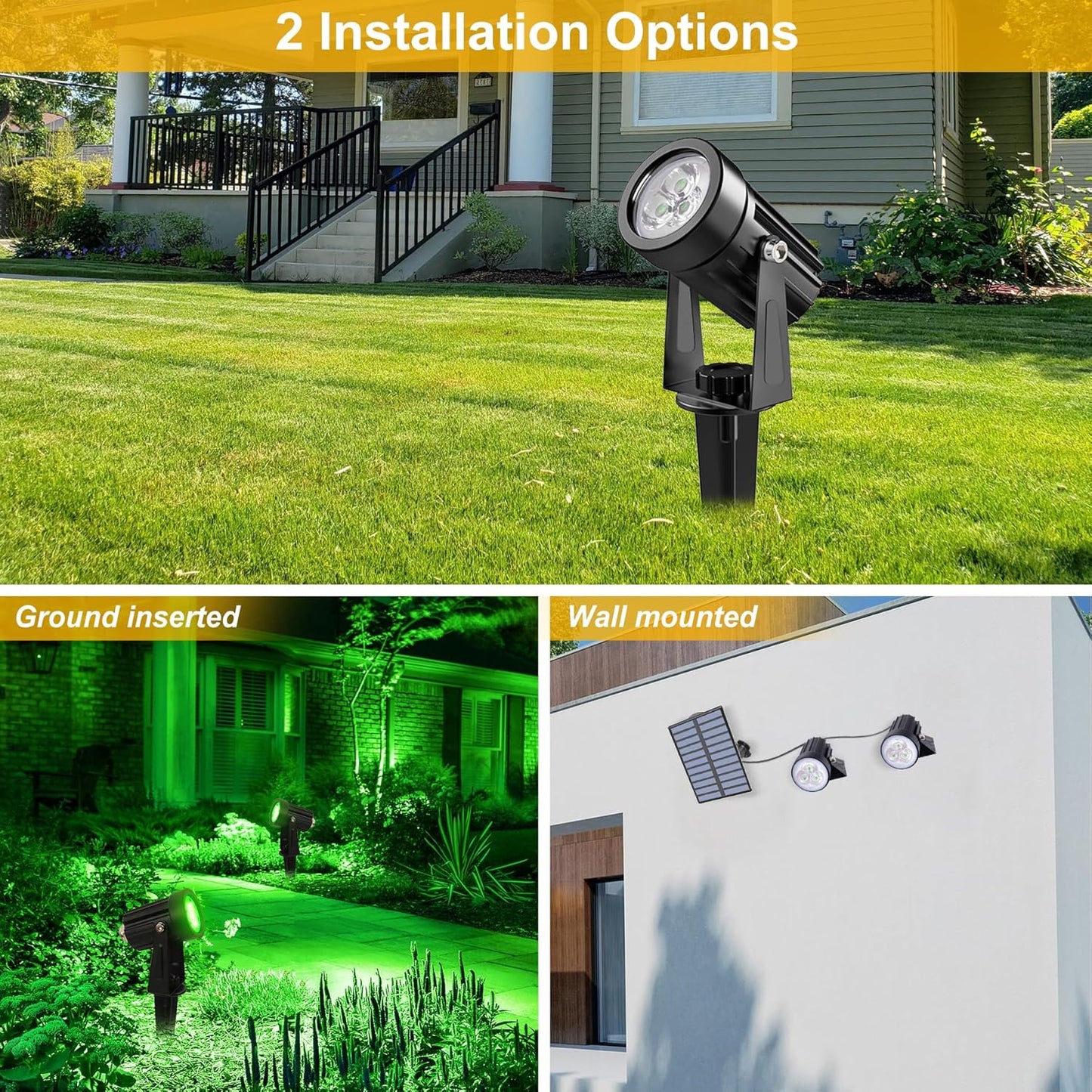 Green Solar Spot Lights Outdoor, 2 Pack Solar Landscape Spotlights IP65 Waterproof 9.8ft Cable, Auto On/Off Outdoor Wall Lights for Garden Yard Driveway Porch Walkway Pool (1-in-1)