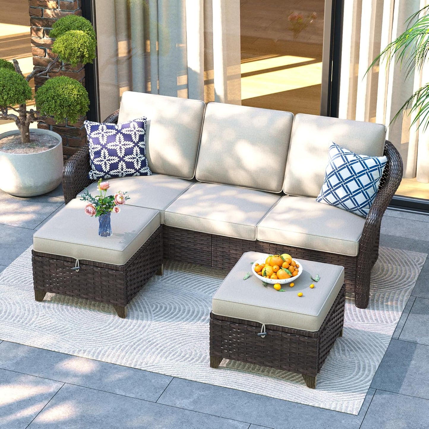 3 Pieces Patio sectional Sofa Set, Outdoor Conversation Furniture Set, 78" 3-Seat Couch with 2 Ottomans, 47" Metal Coffee Table, Rattan Wicker Sofa with Washable Cushions (Beige)