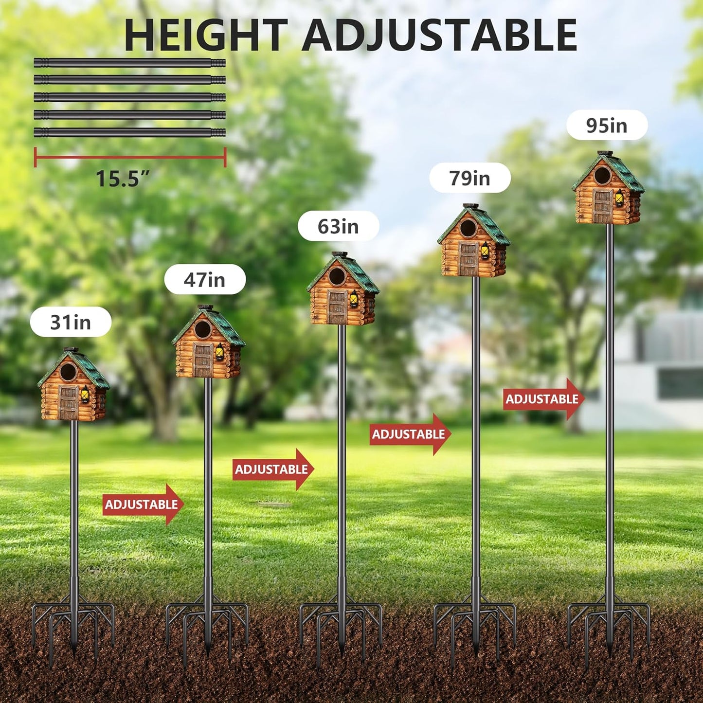 Bird Feeder Pole Stand,95 Inch Bird House Pole for Outdoors Heavy Duty,5 Base Prongs Adjustable Birds Feeder Stand for House