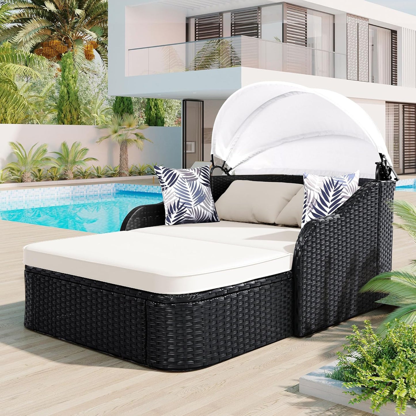 kevinplus Outdoor Patio Sunbed Daybed Double Lounge with Adjustable Canopy for Garden Backyard Pool, PE Rattan Wicker Material & Moveable Cushion Cover, Beige