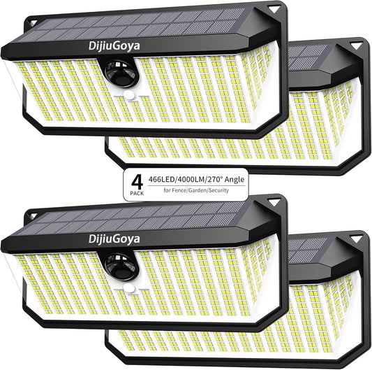 Solar Security Lights, 466 LED 4000 Lm - 270° Motion Sensor, IP68 Waterproof, 3 Lighting Modes, Dusk-to-Dawn Outdoor Flood Light for Fence Garden Backyard Garage - Pack of 4