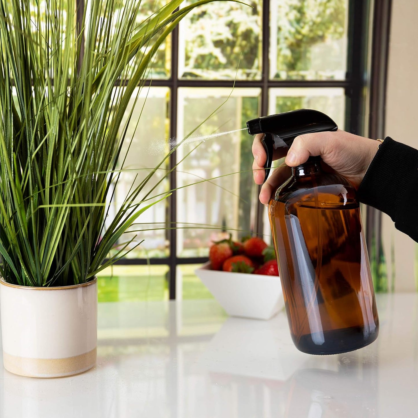 kitchentoolz Large 32oz Amber Glass Gardening Spray Bottles with Funnel - Refillable Trigger Sprayer Container for Plant Misting, Hair Salon, Indoor and Outdoor