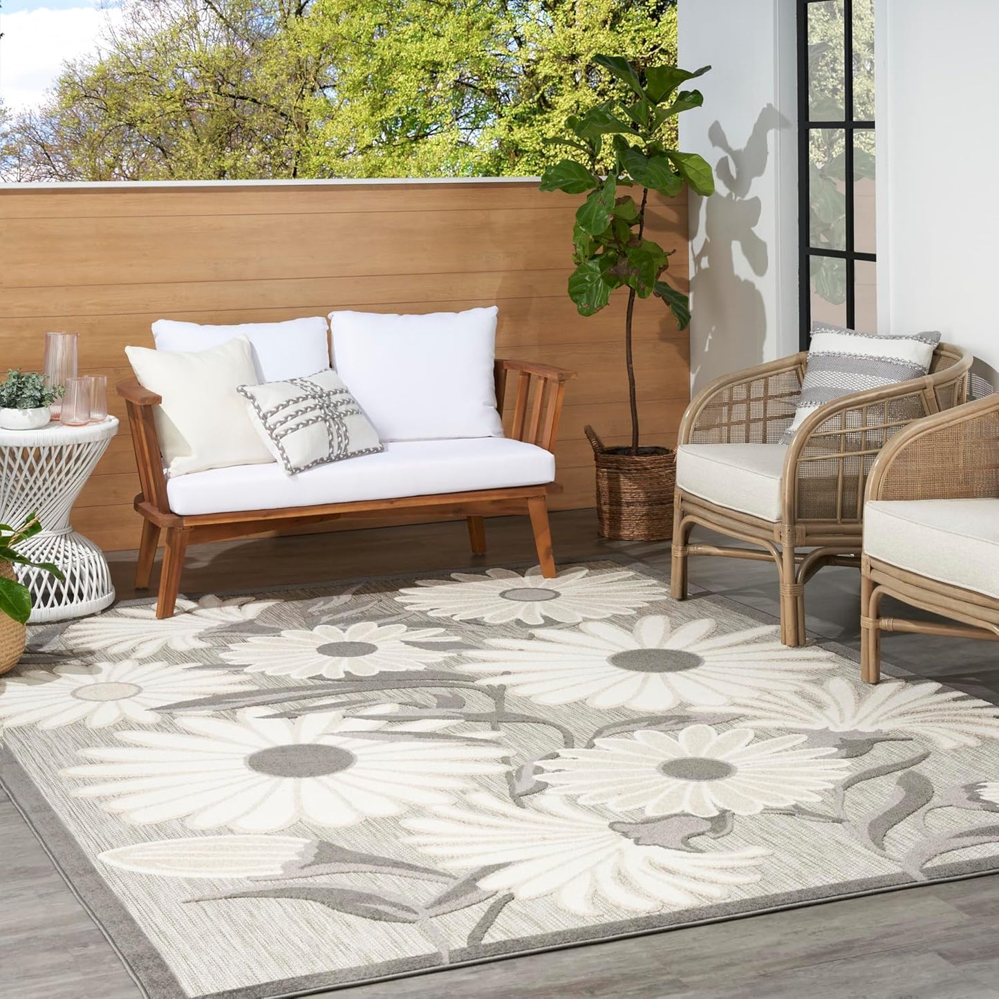 Nourison Home Aloha Indoor/Outdoor Beige 6' x 9' Area-Rug, Easy-Cleaning, Non Shedding, Bed Room, Living Room, Dining Room, Kitchen, Backyard, Deck, Patio (6x9)