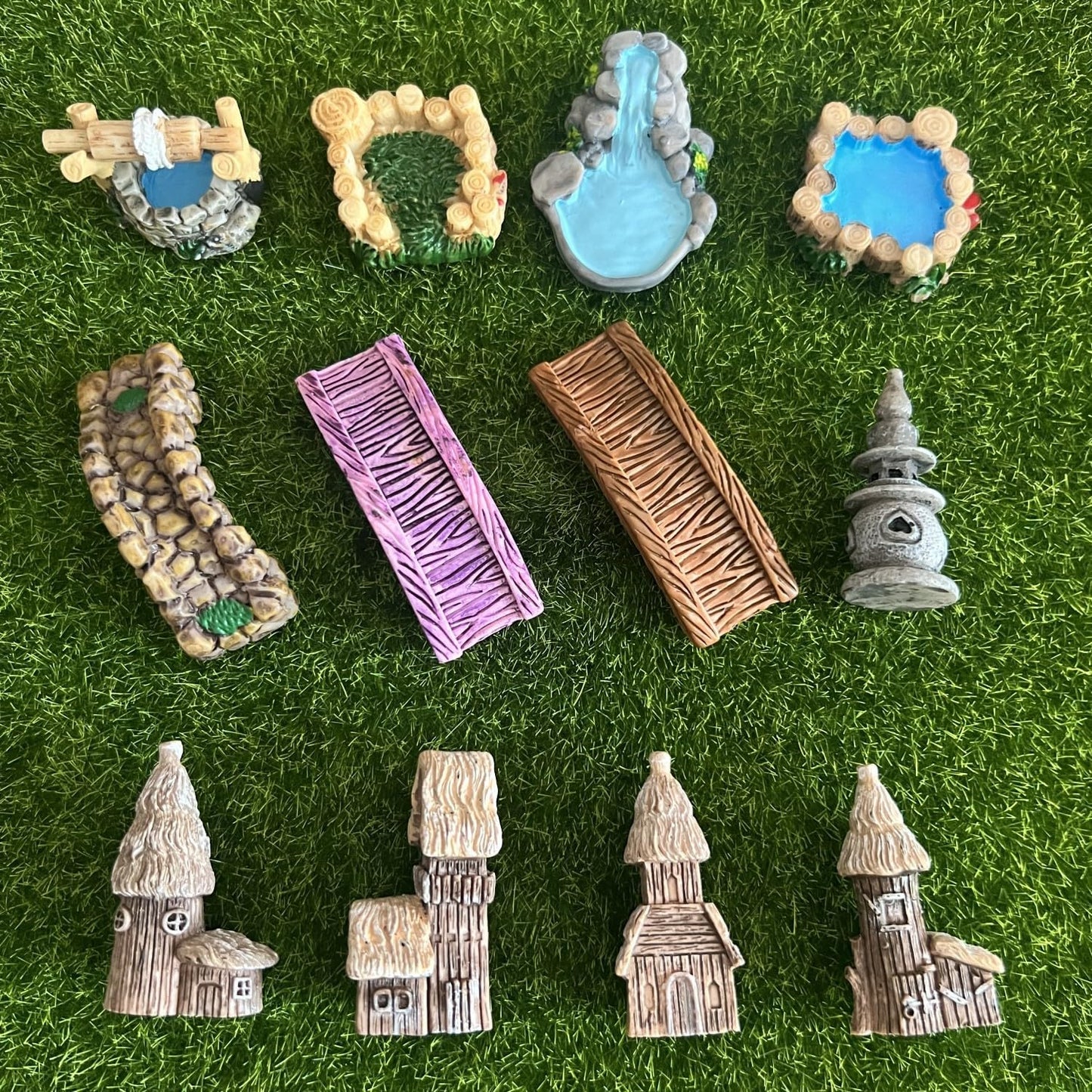 LONCESS Fairy Garden Accessories Miniature Tree House Bridge Mini Lighthouse Water Well Bridge Figurines Pond Lawn Ornament Figurines for DIY Craft Garden Decor,12 Peices