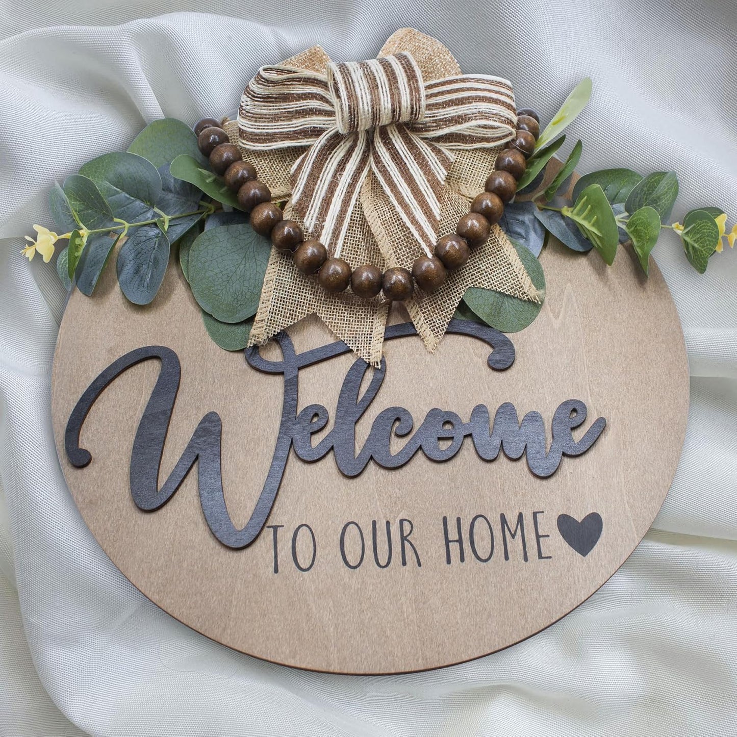 3D Welcome Sign for Front Door | Home/Farmhouse Porch Décor Wooden Hanging Sign with Artificial Leaves and Rustic Beads | Christmas Classroom |12" Round