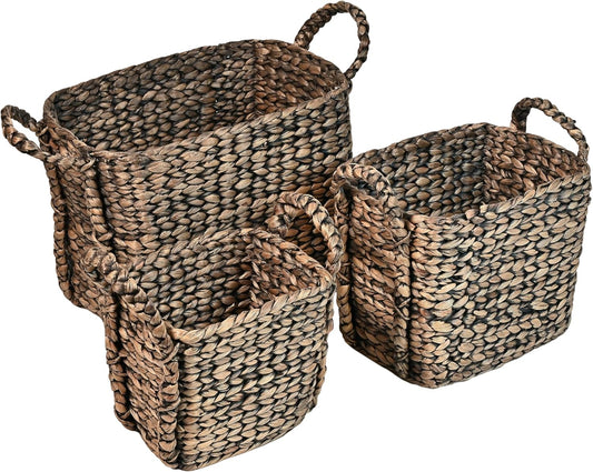 happimess BSK2001B-3SET Clara Farmhouse Classic Handwoven Hyacinth Rectangle Floor Wicker Storage Baskets with Handles, Brown (Set of 3), Seagrass Containers for Decoration in Living Room, Bedroom