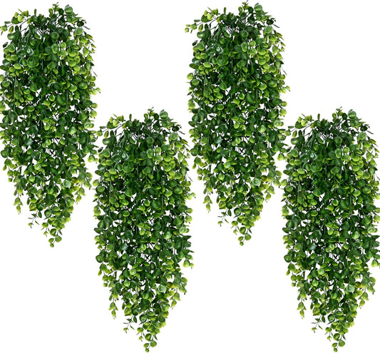 Waipfaru 4Pcs Fake Hanging Plants 2.7ft Fake Plants Eucalyptus Leaves UV Resistant Fake Vines Ivy Artificial Plants Outdoor Faux Plants Indoor Bedroom Living Room Boho Wall Porch Shelf Decor