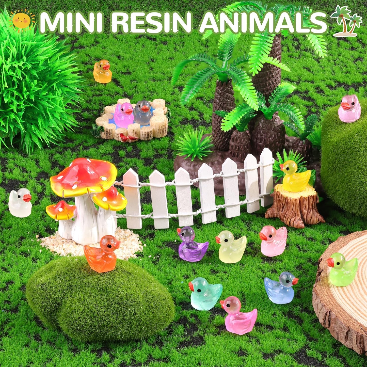 200PCS Mini Resin Animals Cute Tiny Ducks Glow in Dark,Miniature Duck Figures to Hide,Little Animal Toys Small Figurines Bulk for Topper Desk Garden Dollhouse Landscape Ornaments DIY Crafts & Decor