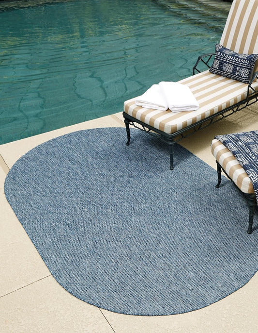 Unique Loom Collection Casual Transitional Solid Heathered Indoor/Outdoor Flatweave Area Rug (5' 3" x 8' Oval, Blue/Navy Blue)