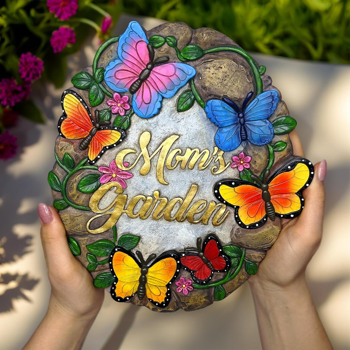 Elegant Resin Stepping Stone, Outdoor Garden Pathway Decoration (Garden with Butterflies Stepping Stone, 9.5" Decorative Outdoor Decoration)