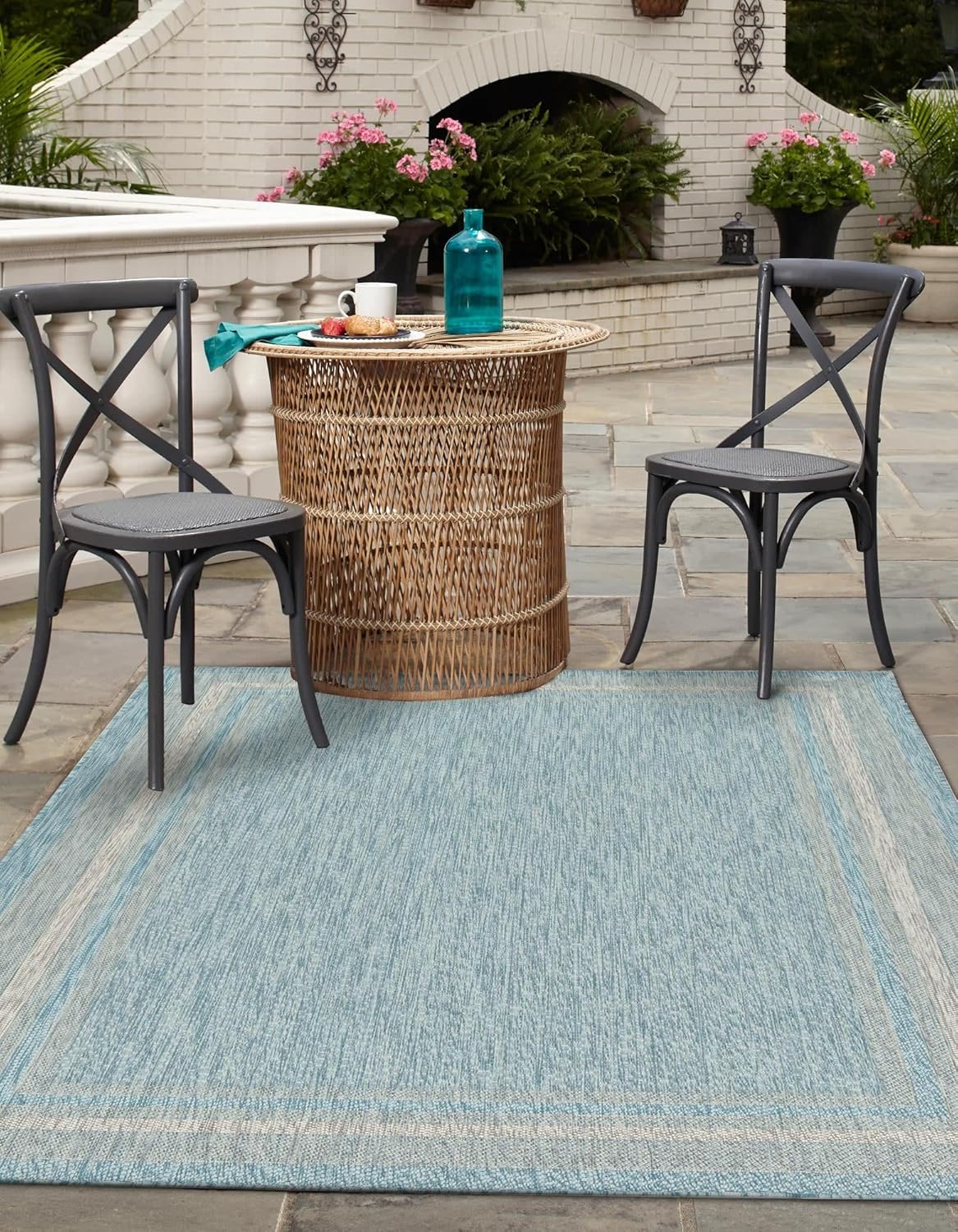 Unique Loom Outdoor Border Collection Area Rug - Soft Border (5' 1" x 8' Rectangle, Aquamarine/ Ivory)