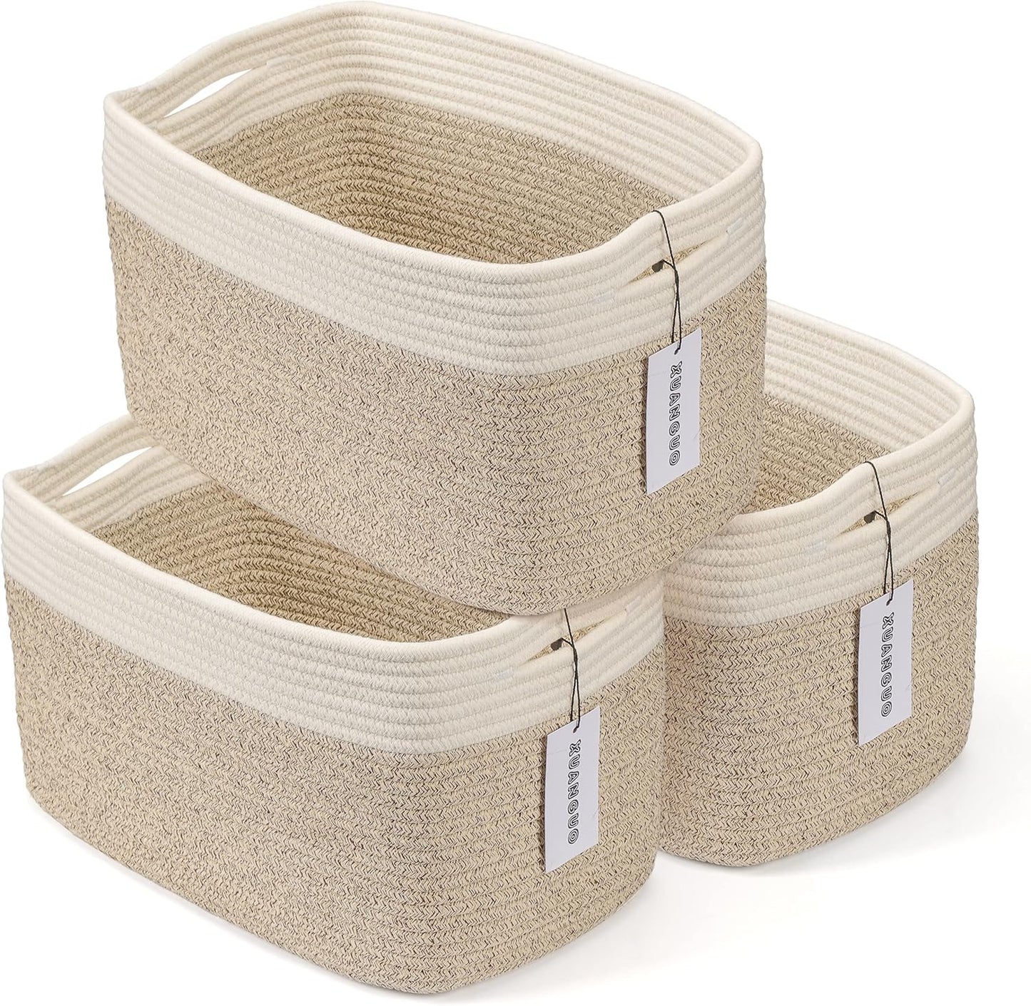 Cotton Rope storage Basket Bins Woven Basket for Organizing Shelves Rectangle Decorative Baskets For storage Clothes Toys Books Towels Square Wicker Nursery basket organizer 3 pack white and brown