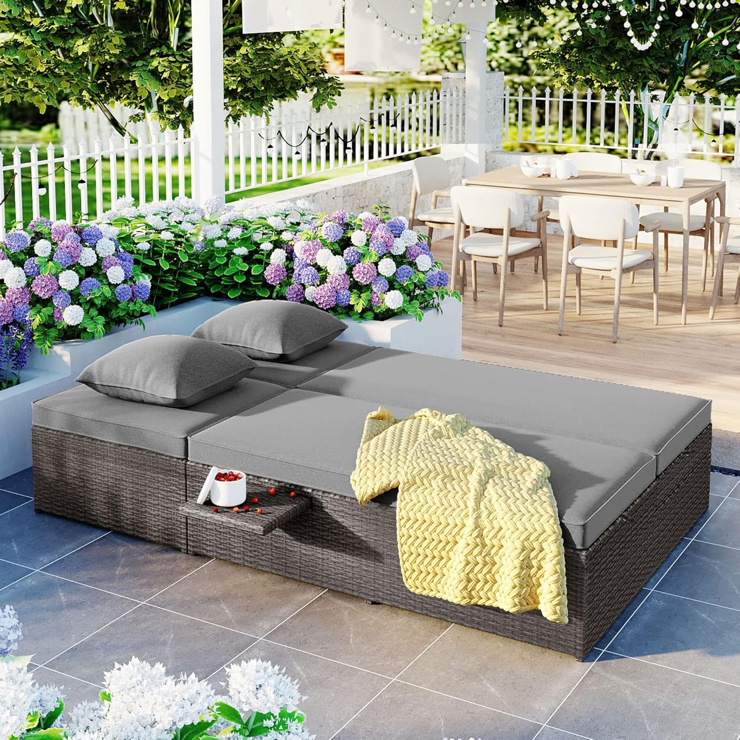 kevinplus Outdoor Daybed Patio Sunbed, Wicker Rattan Patio Reclining Chairs with Adjustable Backrest and Seat & Foldable Cupholder for Garden Poolside Balcony, Gray