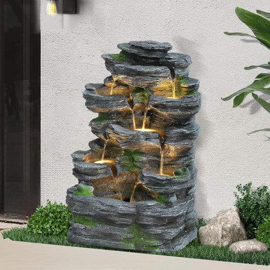 Cascading Rock Water Fountain Outdoor - Waterfalls Fountains with LED Lights, Outdoor/Indoor Resin Fountain for Patio, Garden, Backyard, Deck, Porch, Home Art Docor (24" H)