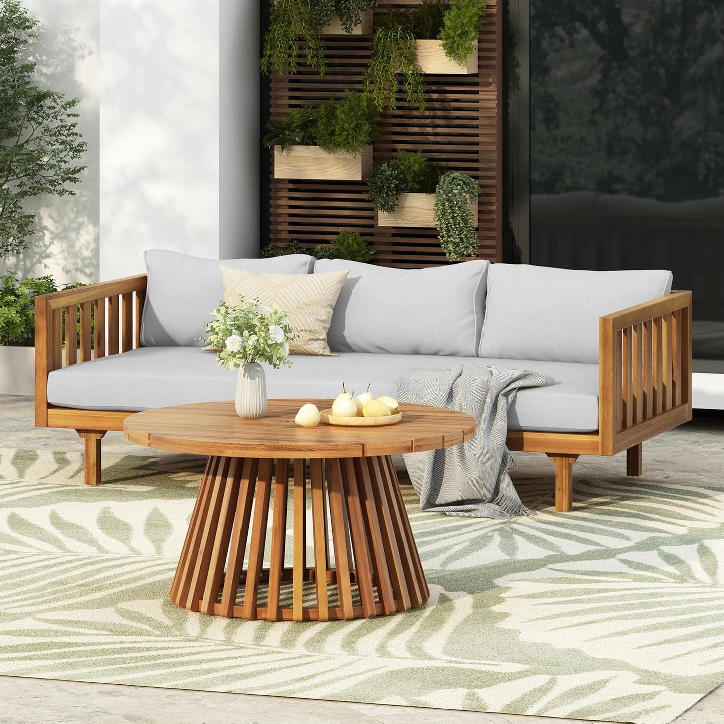 Christopher Knight Home Claremont Patio Sofa and Coffee Table Set, 2 Piece Outdoor Patio Furniture Set with Cushion, Acacia Wood 3 Seater Outdoor Sofa Daybed and Coffee Table Set, Teak+Light Grey