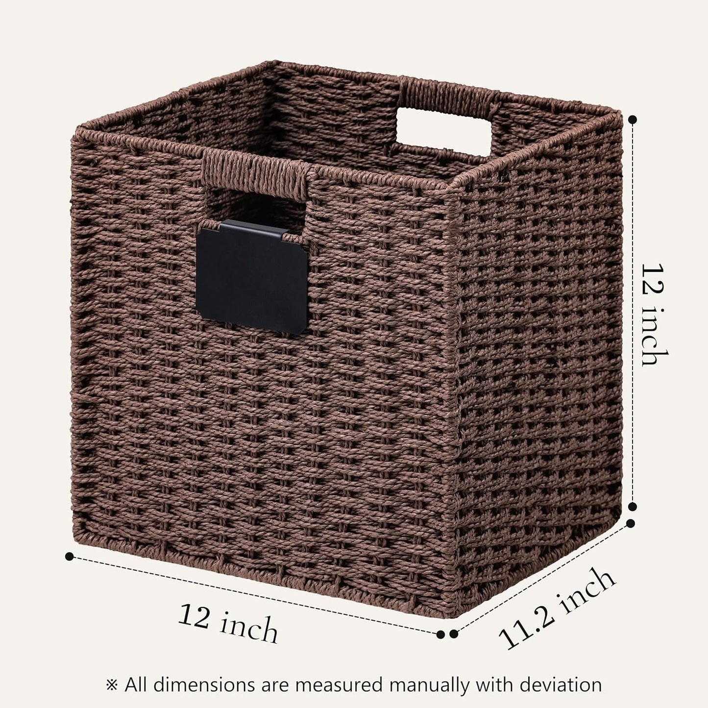 UBBCARE 2 Pack Wicker Basket, 12×12 Storage Cubes with Label, Foldable Cube Storage Bin with Handle, Square Storage Basket for Shelves, Woven Paper Rope Basket for Organizing, Brown